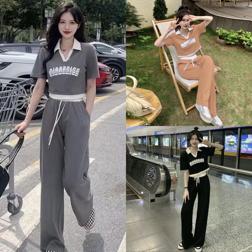 ชุดเซ็ต 2 ชิ้น เสื้อครอปคอปก S296 ผ้าวูลเวฟ กางเกงทรงกระบอก มีเชือกรูด มีกระเป๋าข้าง ชุดเซ็ตน่ารักๆ สุดฮิต พร้อมส่ง