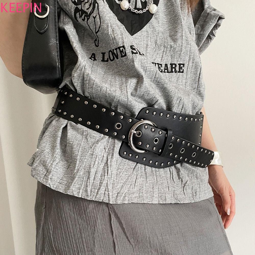 KEEPIN กว้างเข็มขัดผู้หญิง, Y2k Punk สไตล์ Rivet เข็มขัดเอว, Vintage Designer American Gothic ชุดกางเกงยีนส์เข็มขัดสาวเผ็ด