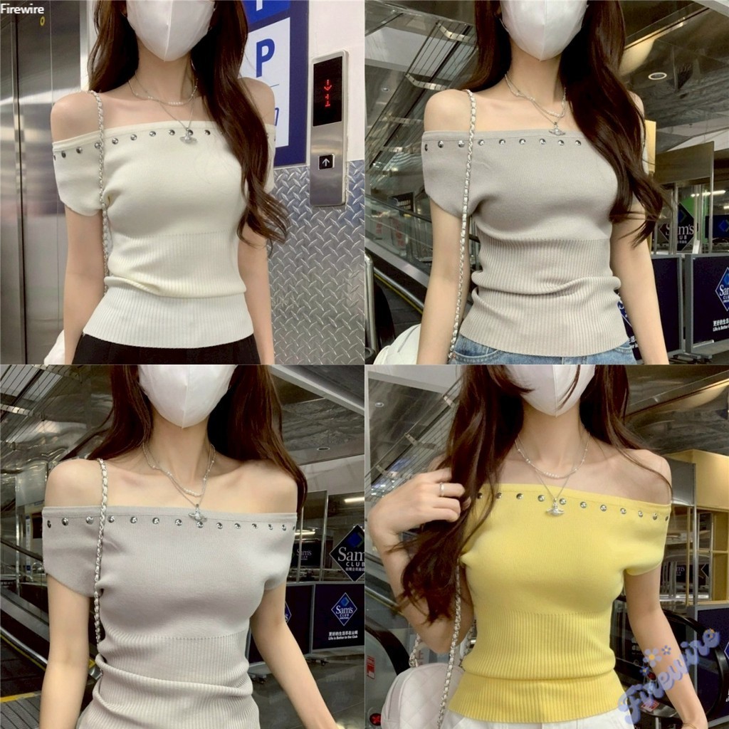 Firewire พร้อมส่ง เสื้อเปิดไหล่ ไหมพรม แขนสั้น ผ้าร่องเล็ก ยืดพอดีตัว ' Z-YT54
