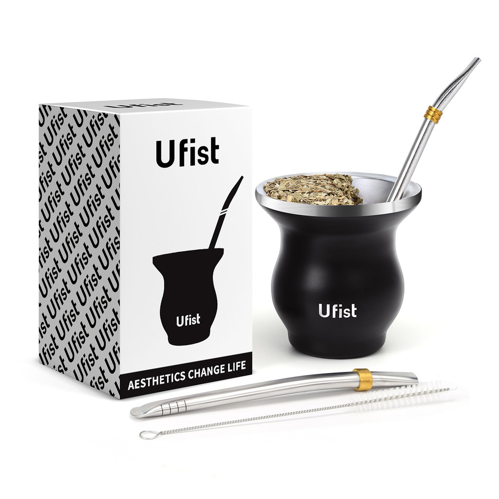 ชุดถ้วย Ufist Yerba Mate, น้ําเต้าสแตนเลสพร้อมหลอด Bombilla 2 หลอดและแปรงทําความสะอาดสีดํา