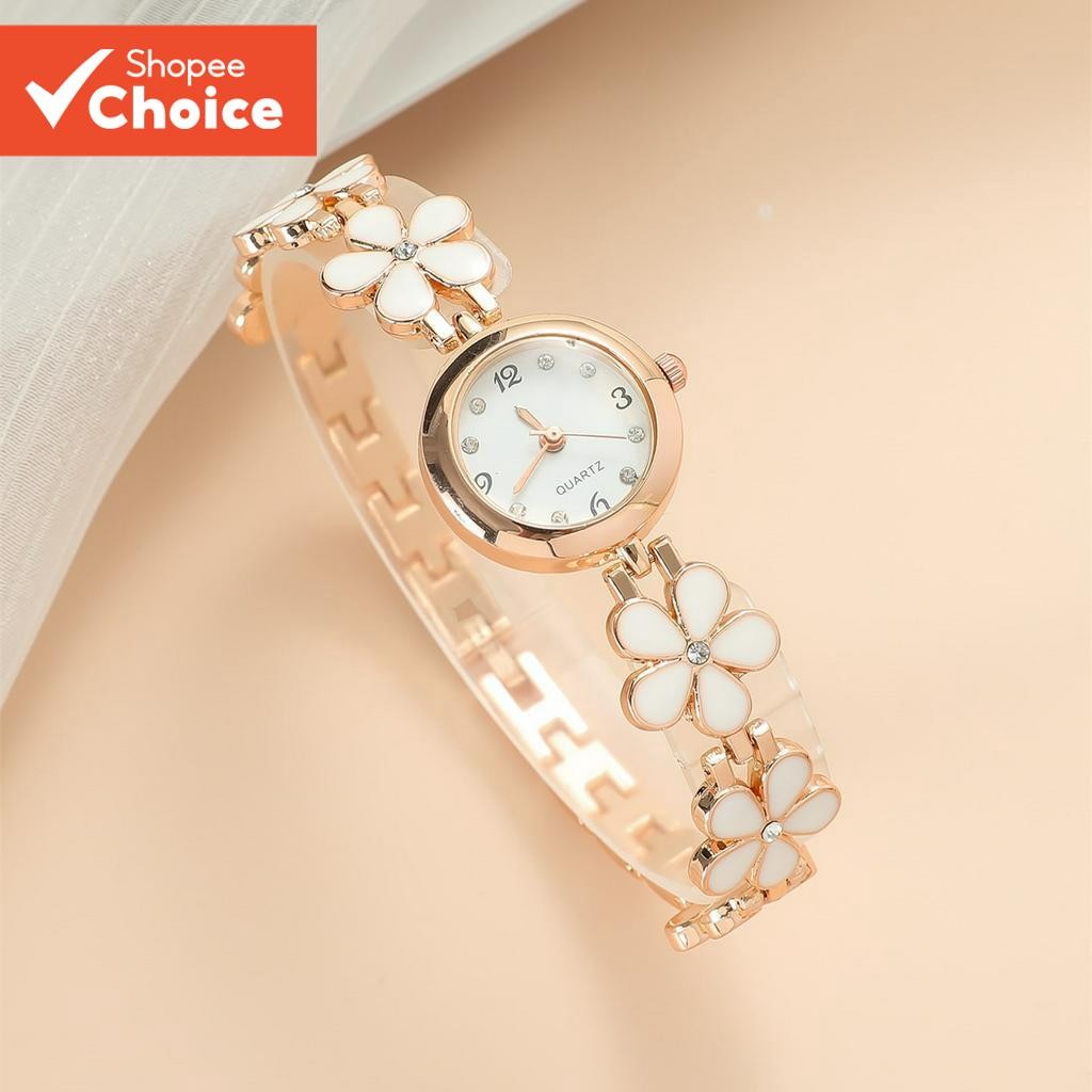 นาฬิกา Floral Rose Gold, สร้อยข้อมือ Slim Quartz สําหรับผู้หญิง Skin-Brightening Gift Black & Pink