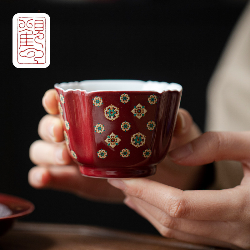 [Guanyun] Langhong Retro Pipa รูปแบบ Octagon Master Cup ถ้วยชาเซรามิคทําด้วยมือบริสุทธิ์เครื่องใช้ใน