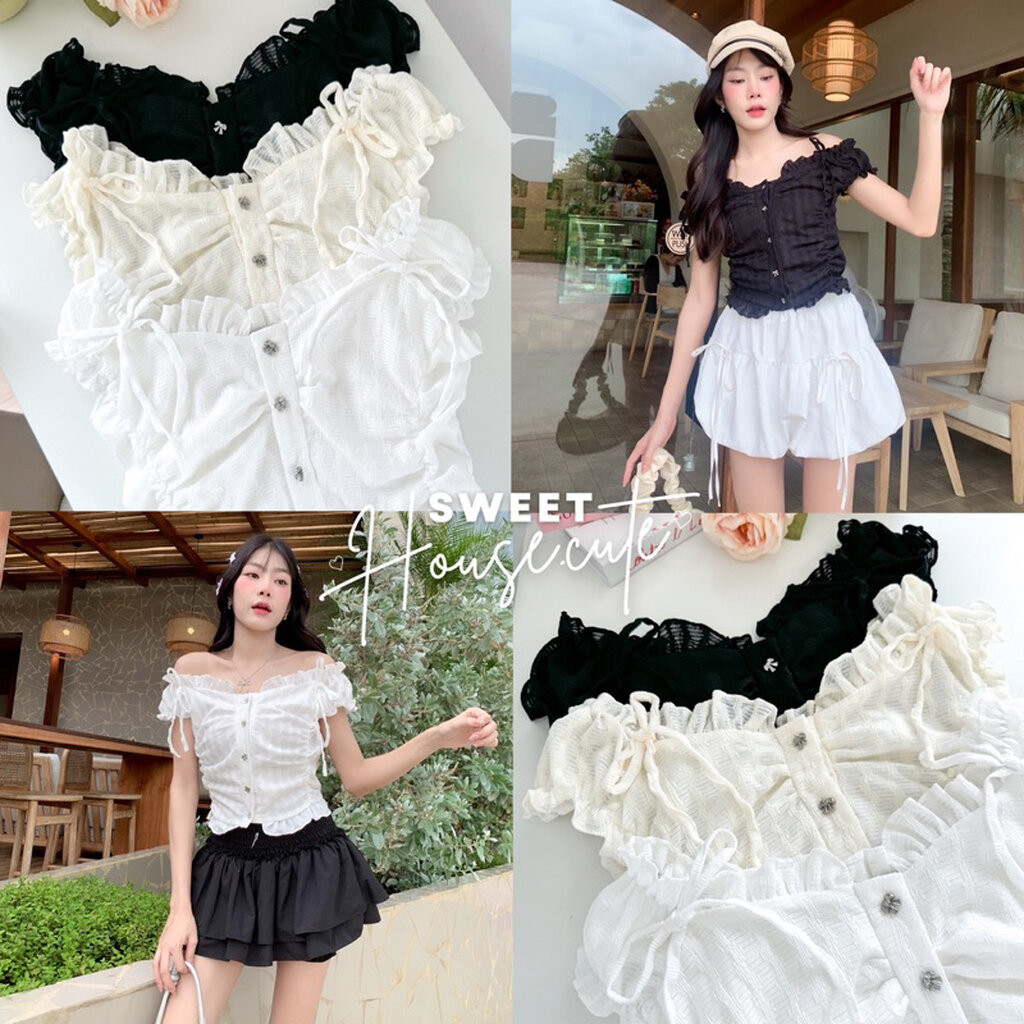🧸 SweetHouse #375 🌻 เสื้อแขนกุดกระดุมโบว์น่ารัก แต่งชายระบายน่ารักมากก