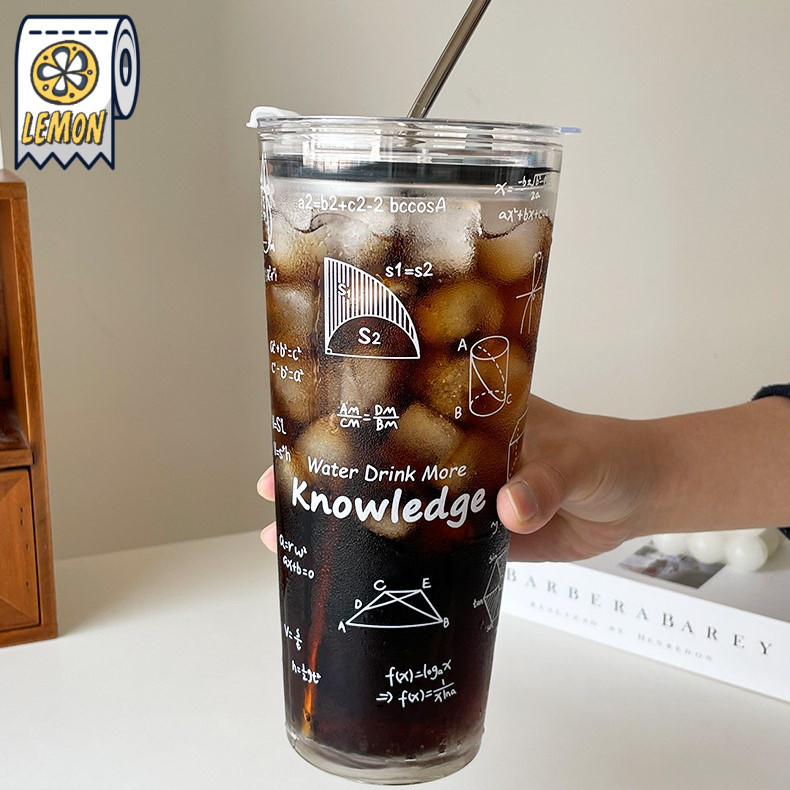 พร้อมส่ง แก้ว เก็บความร้อน แก้วหนาคุณภาพสูง พร้อมฝาปิด และหลอดดูด มินิมอล สีใส 1000ml