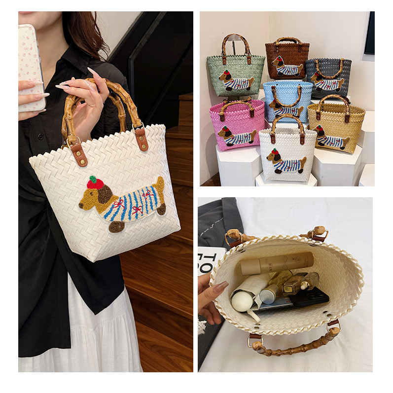 Dachshund แบบพกพาตะกร้าผักกระเป๋า Retro ทอถือกระเป๋าชายหาดแฟชั่น Contrast สีกระเป๋าฟาง