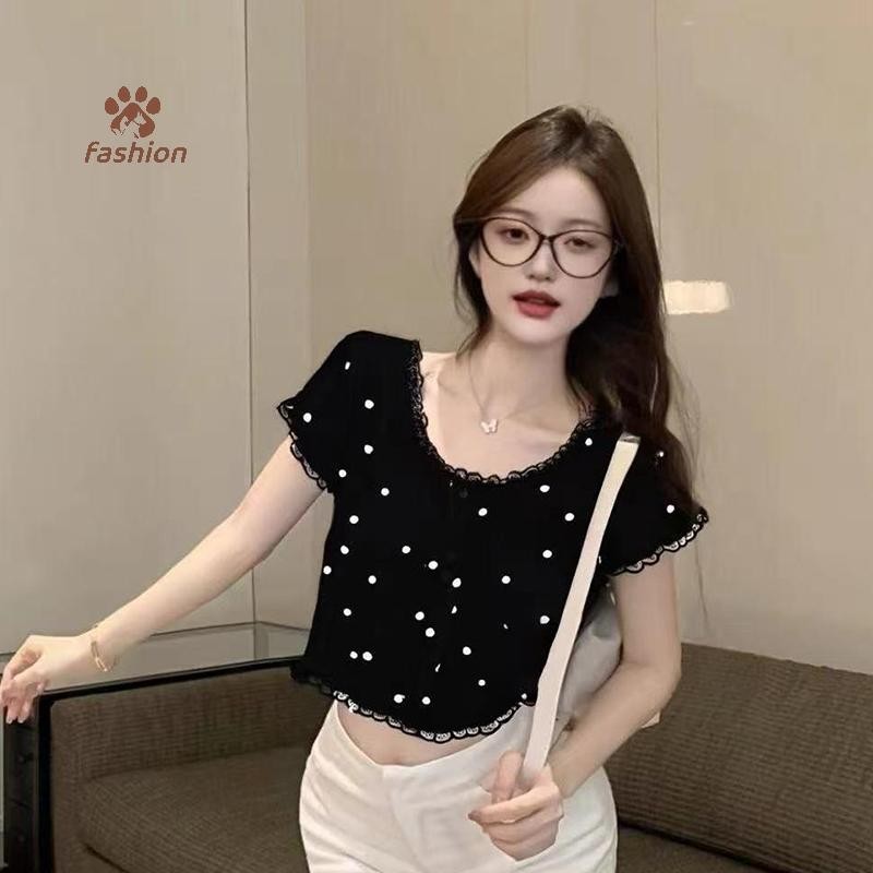 [แฟชั่น] หวานฤดูร้อนคอวีลูกไม้ลายจุดท็อปส์แขนสั้นสเวตเตอร์สำหรับผู้หญิง {ไทย}