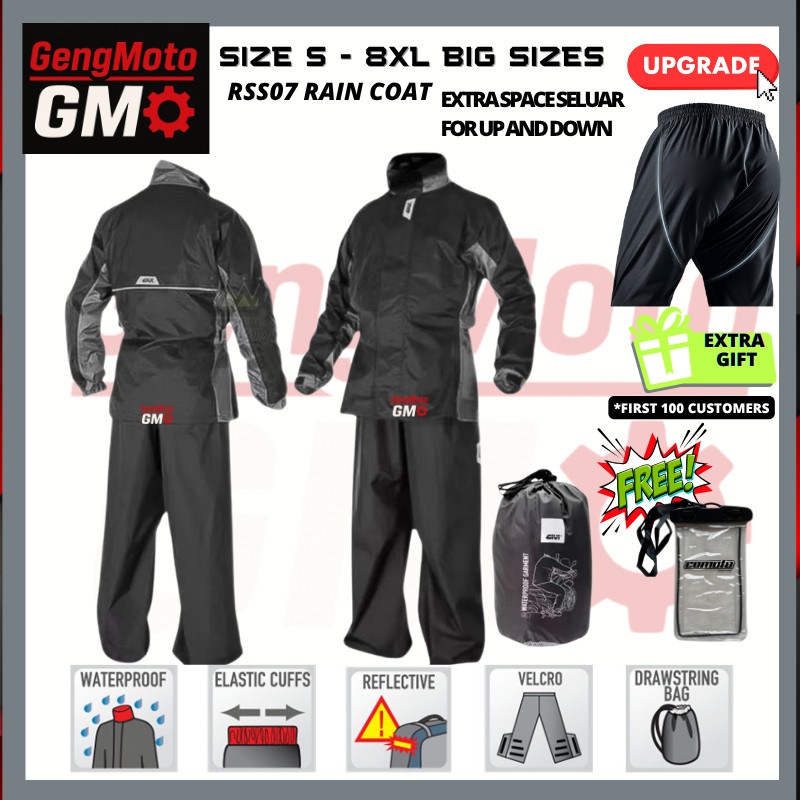 GENGMOTO RS07 RSS 07 RIDER TECH ชุดกันฝน สีดํา สีเทา BAJU HUJAN S - 5XL 8XL 10XL ฟรีกระเป๋า