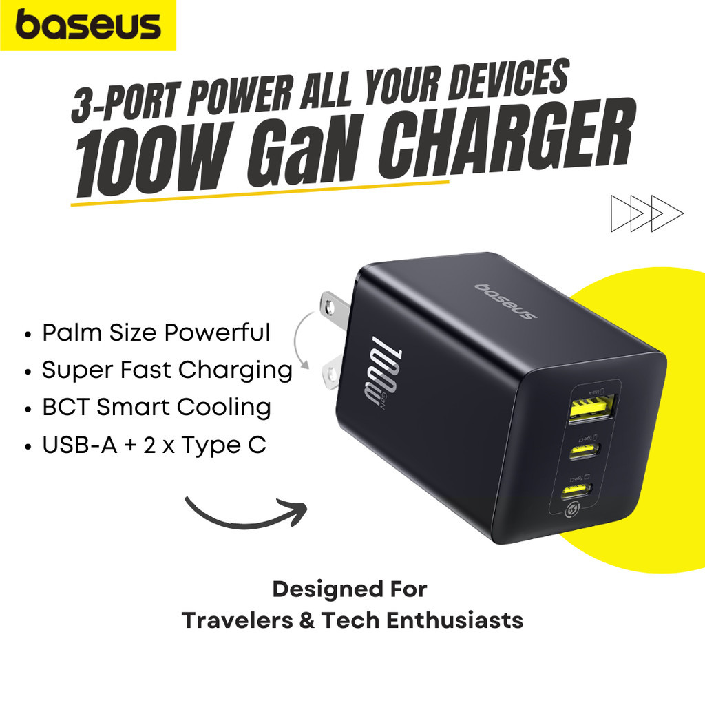 Baseus 100W 3-Port Fast Charger Universal Power Adaptor สําหรับ Android โทรศัพท์ Pad แล็ปท็อป Wall Travel Adapter 2 ประเภท C 1 USB A Output