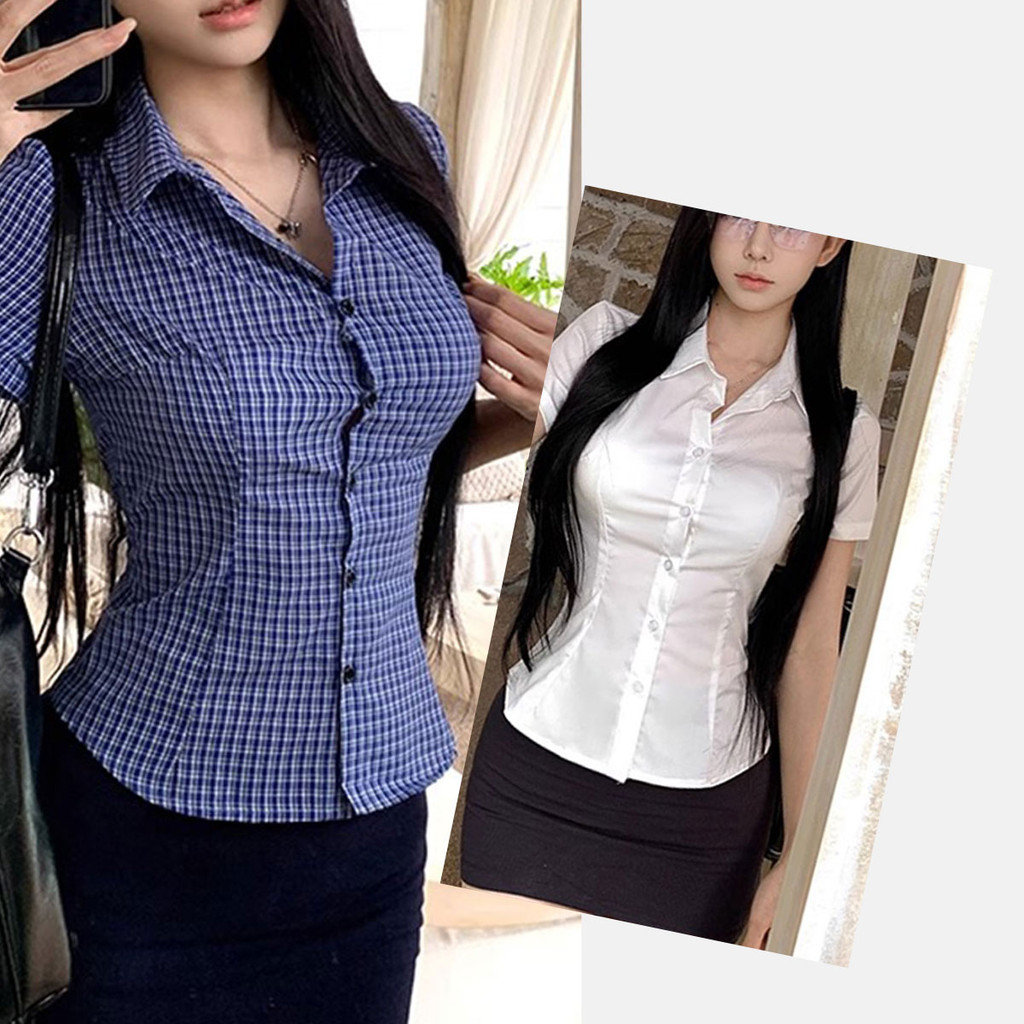 เสื้อเชิ้ตใส่สบาย สีขาวลายตาราง แขนสั้นหุ่นดี