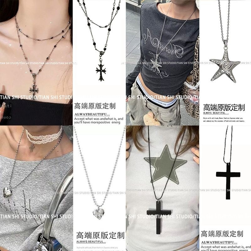 Y2k Silver Cross Necklace Star Pendant Long Sweater Chain