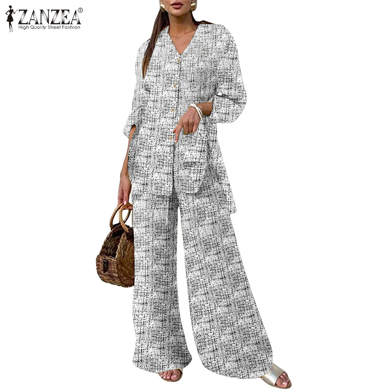 ZANZEA ผู้หญิงวินเทจลําลอง V คอแขนยาวกระเป๋าพิมพ์ปุ่มด้านข้าง Slit กางเกงขายาว 2 ชุด PC