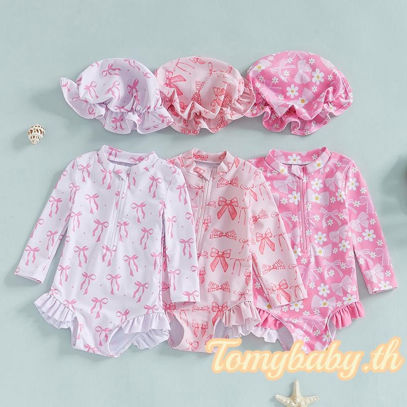 Tomybaby-เด็กทารก Rash Guard ชุดว่ายน้ําแขนยาว O คอโบว์พิมพ์ชุดว่ายน้ําพร้อมหมวก