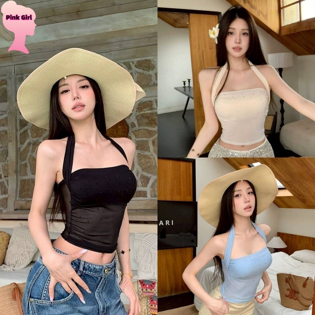 💋Pink girl💋​พร้อมส่ง เสื้อคล้องคอ มีฟองน้ำในตัว สีสันพาสเทลใส่ง่ายสวย ' FY9358