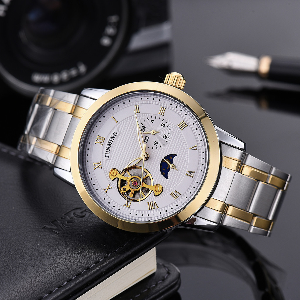 แฟชั่น แฟชั่น แฟชั่น❤ นาฬิกากลไกอัตโนมัติไขลาน Hollow Sun Moon Star นาฬิกาผู้ชายกันน้ําเหล็กนาฬิกาขอ
