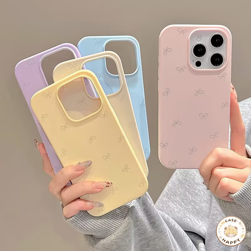 เคสไอโฟน 17 16 สำหรับ iPhone 13 12 11 15 Pro Max 14 16 7 15 8 Plus X XR XS Max น่ารักง่ายๆสีโบว์อน หนังพื้นผิวหนังรู้สึก