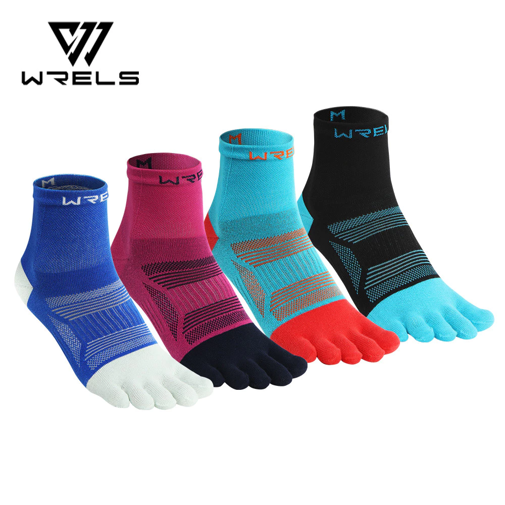 WRELS ถุงเท้ากีฬา Five-Finger Mid-Cut ผ้าฝ้ายแท้สีสันสดใสวิ่ง Quick-Drying Breathable#WZ1013