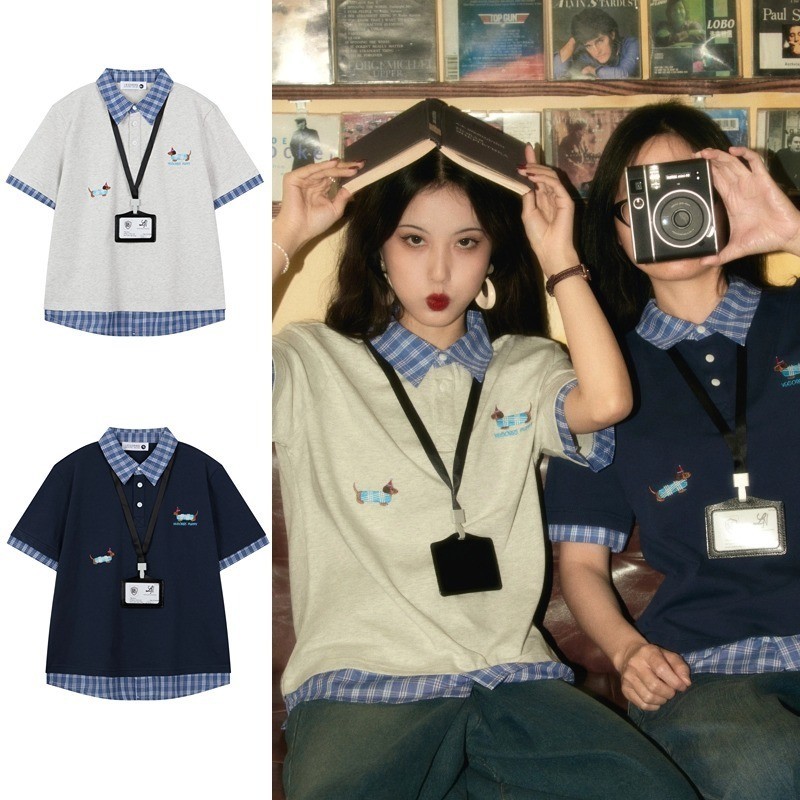 เสื้อ PoLO ลายสก๊อตปักลายลูกสุนัขย้อนยุคอเมริกัน