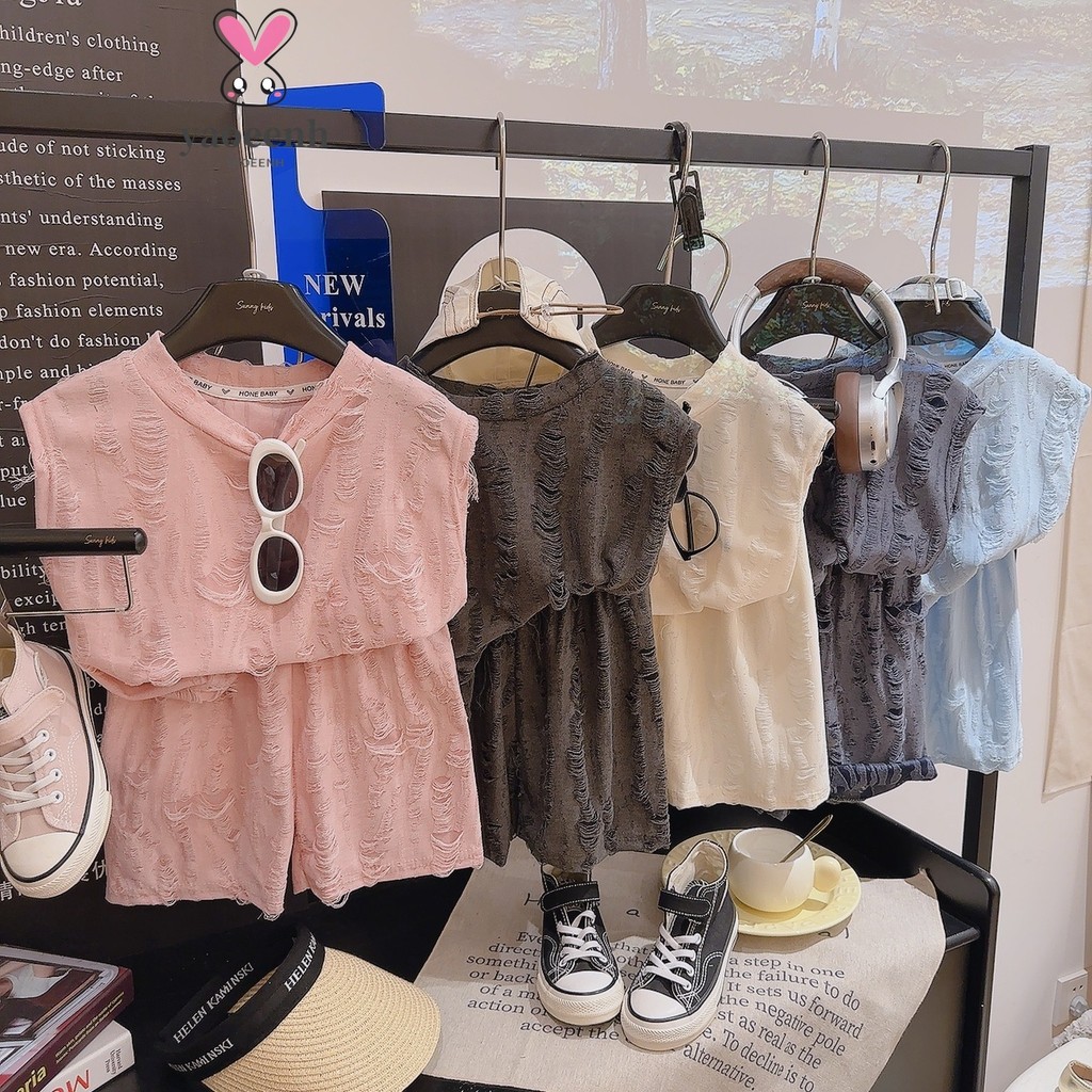 【YAOEENH】80-140 ซม.ฤดูร้อนชายสาว Retro แขนกุด Ripped เสื้อกั๊กชุดขนาดเล็กกลางเด็