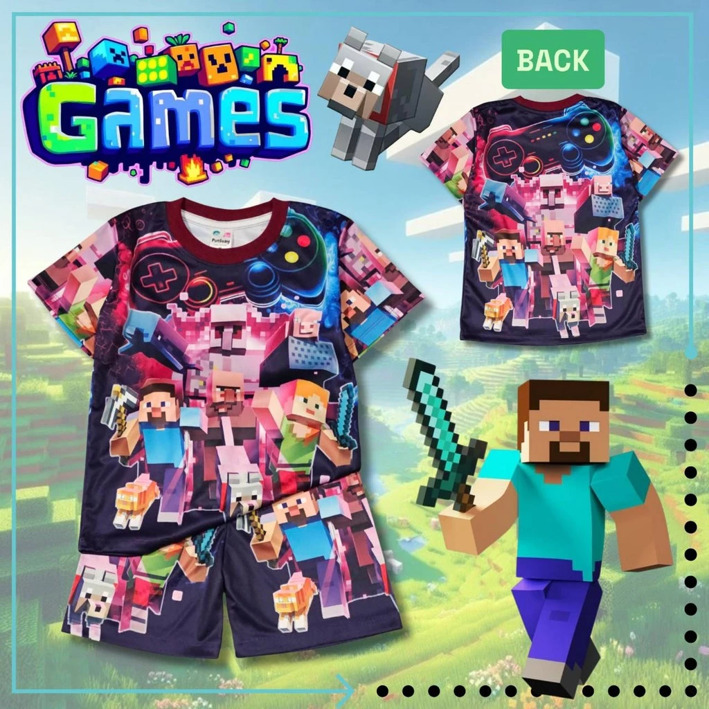 เสื้อผ้าเด็ก เสื้อแขนสั้น+กางเกงขาสั้น ลายเกมวิดิโอเกม เลโก้