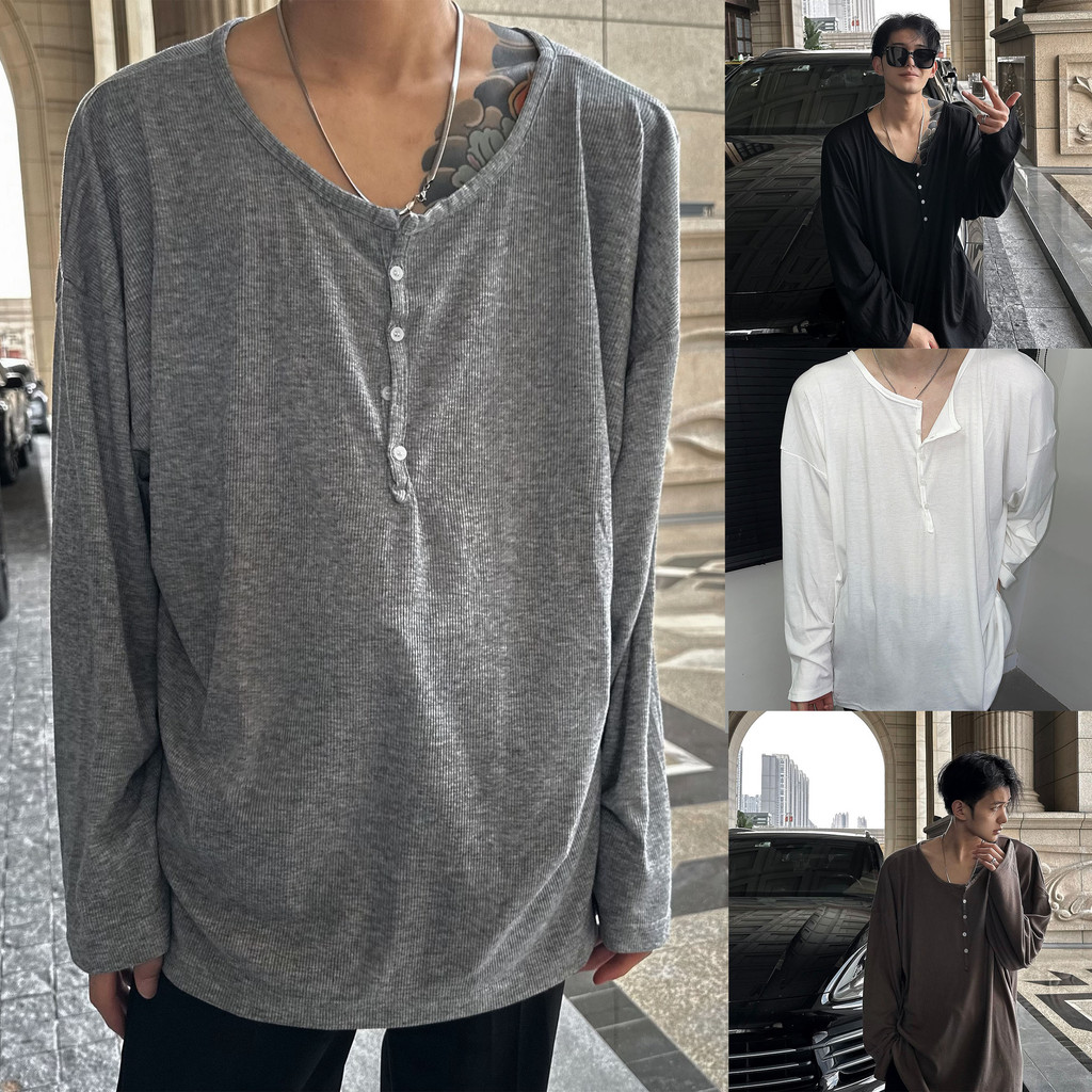 เสื้อโปโลแขนยาว ผู้ชาย ทรงหลวม เนื้อผ้า ริ้ว วินเทจ คอตื้นมีกระดุม สไตล์เกาหลี ใส่ได้ทั้งชายและหญิง ไซส์ M-3XL จัดส่งไว พร้อมส่ง COD