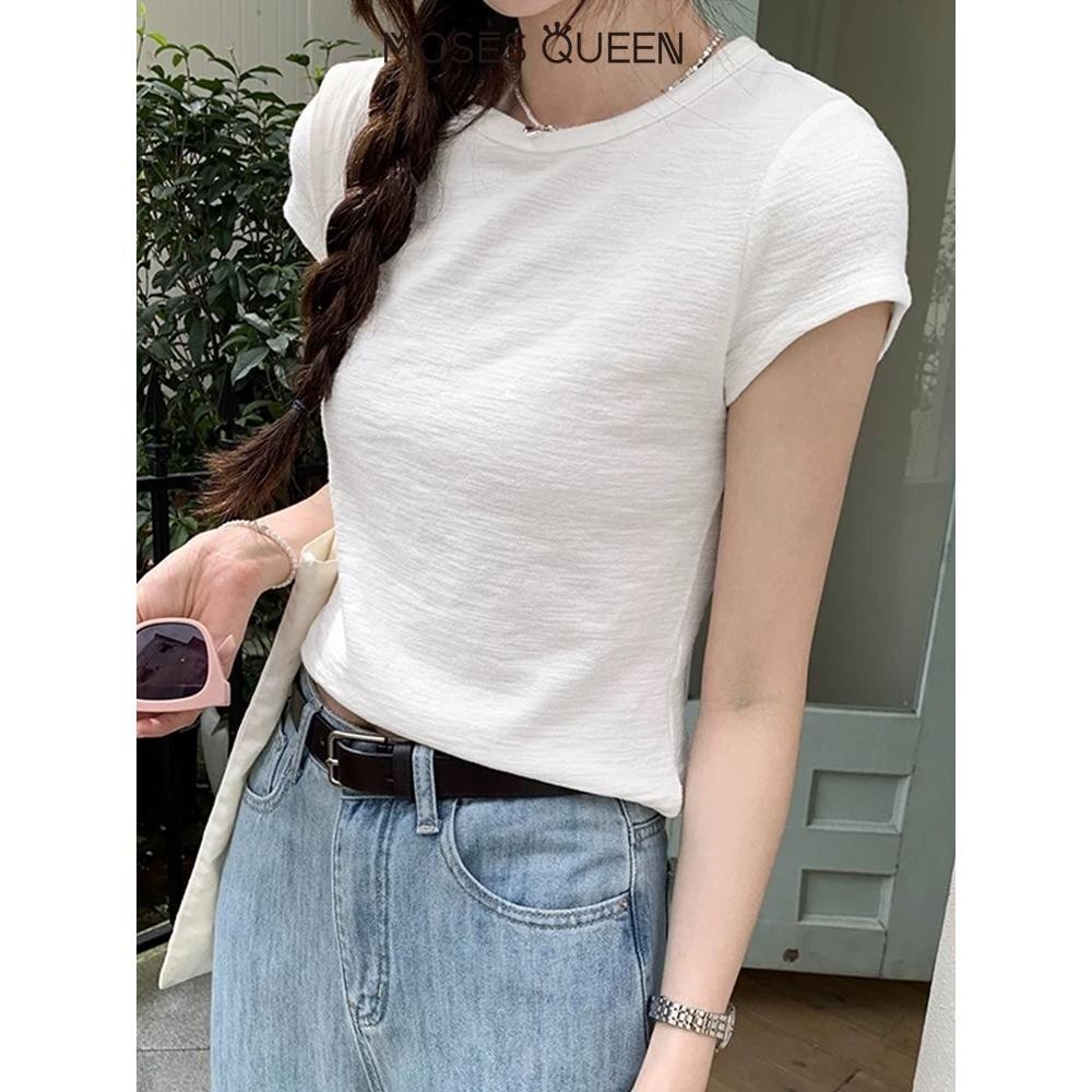 MOSESQUEEN เสื้อท็อปคอกลมทรงสแลม ผ้าเนื้อแฟชั่น สำหรับการแต่งตัวในชีวิตประจำวันหลากหลายโอกาส #62955