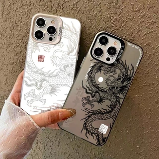 ส่งจากไทย สีดำหรูหราซิลิโคนแข็งกรณีโทรศัพท์ มังกรจีน for IPhone 13 15 14 12 11 Pro X XR XS 16