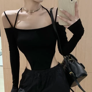Mini shop🌸พร้อมส่ง🌸(FY2886) เสื้อบอดี้สูท แฟชั่น แขนยาวเปิดไหล่ สไตล์มินิมอลรัดรูป