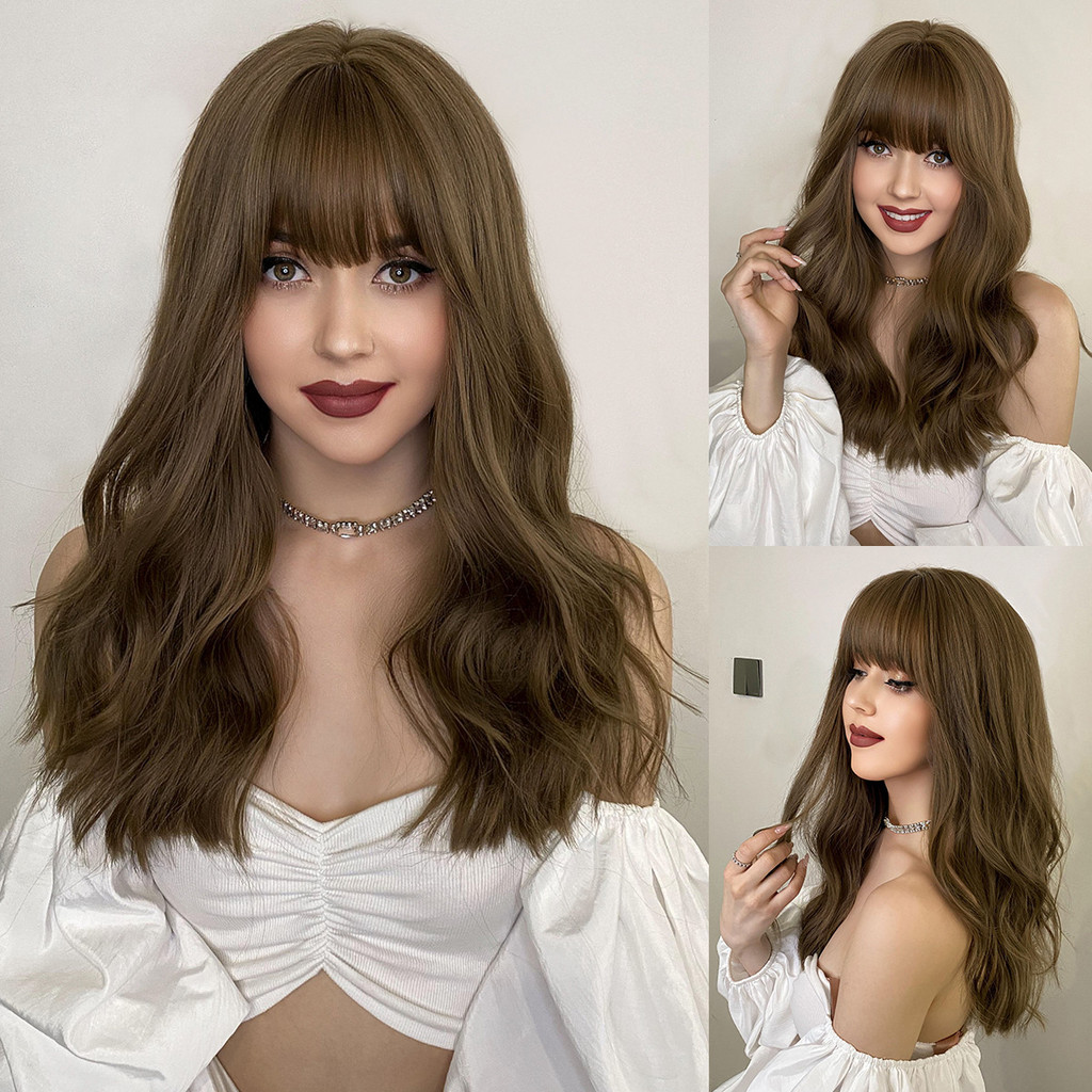 Western Body Wave วิกผม 55 ซม.เต็มหมวก Ash สีเขียวสีน้ําตาลตรง Bangs Voluminous ทนความร้อนสังเคราะห์