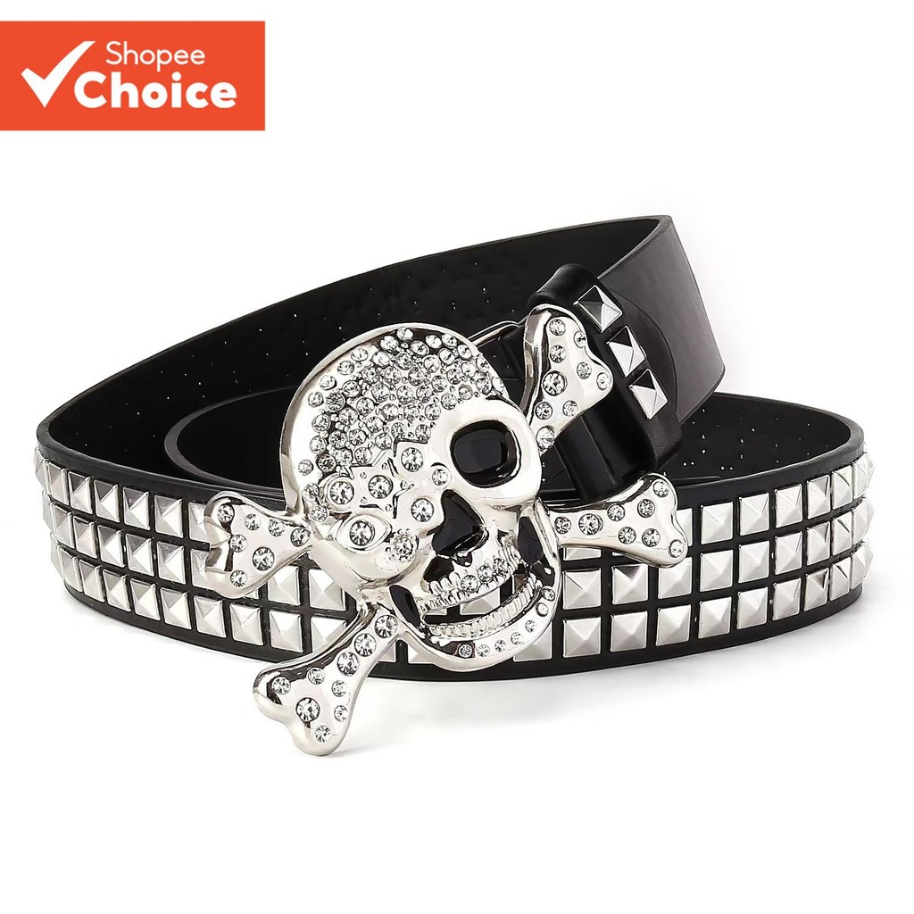 Skull Head Punk เข็มขัดพีระมิด Studs ลูกปัดสแควร์ Rivet Gothic Rock Hip Hop เข็มขัดสําหรับผู้ชายและผู้หญิง