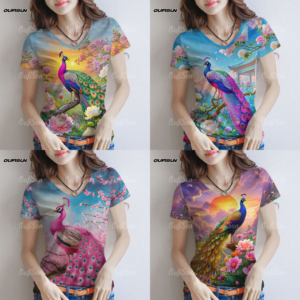 2025 เสื้อซองกรานลายนกยูง แขนสั้น คอวี สบายสำหรับเด็กและผู้ใหญ่