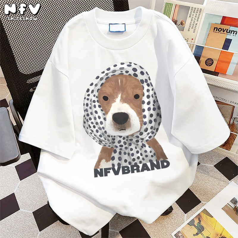 [จัดส่งตลอด 24 ชั่วโมง] NFV เสื้อยืดคอกลมแขนสั้น✨สไตล์เกาหลี oversize ผ้านิ่ม ใส่สบาย ลายน้องหมาผูกผ้าพันคอ YG565 - รูปที่ 5