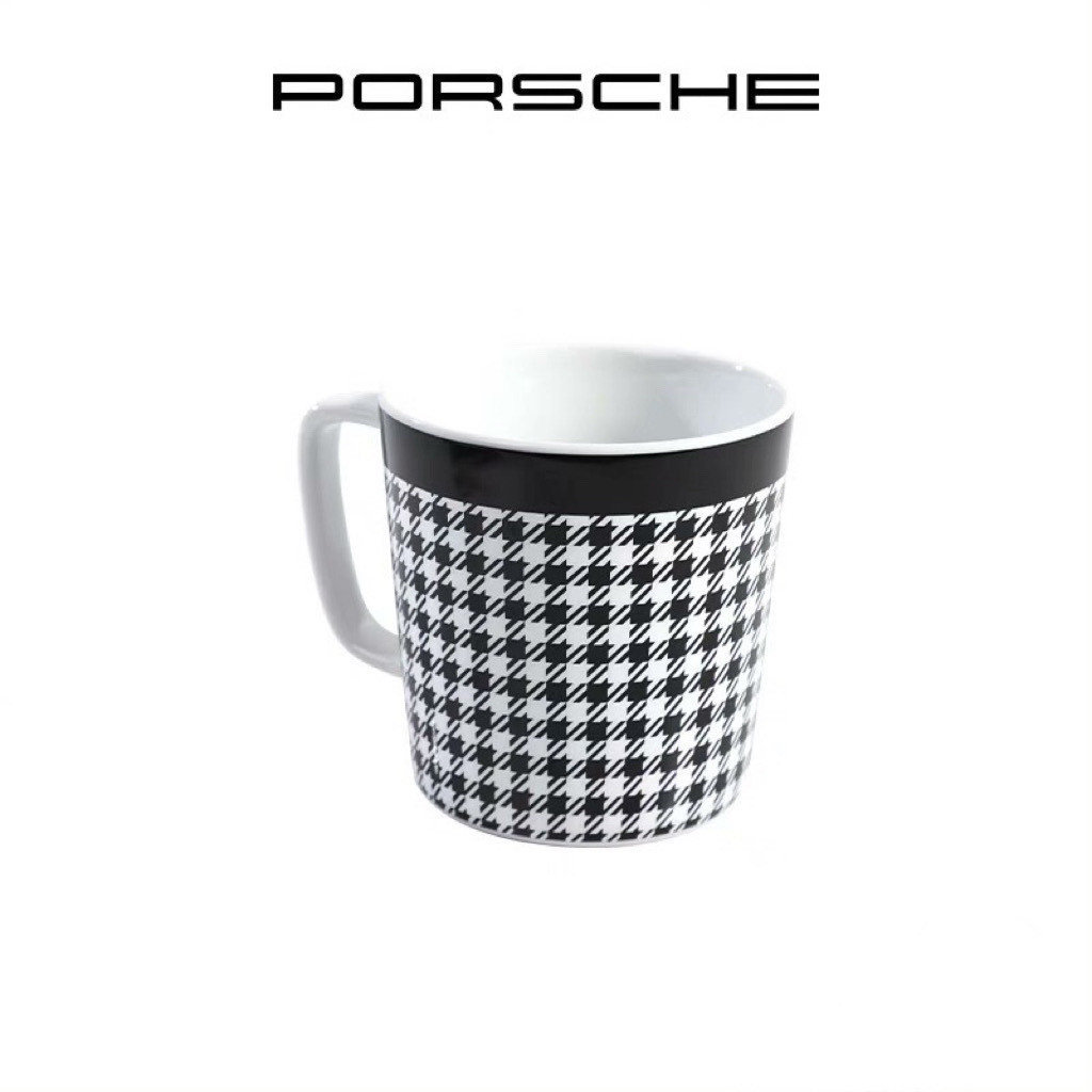 Porsche cup, houndstooth pattern, black and white, 911 racing style water cup, ceramic material, car