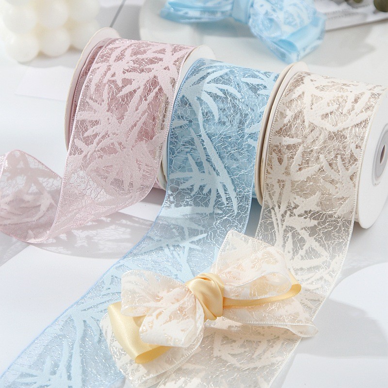 5 ซม.ผ้าไหมเงิน Double-Layer Gauze ริบบิ้นอุปกรณ์เสริมผม DIY โบว์ริบบิ้นดอกไม้ของขวัญกล่องบรรจุภัณฑ์ Hollow Laced-Up