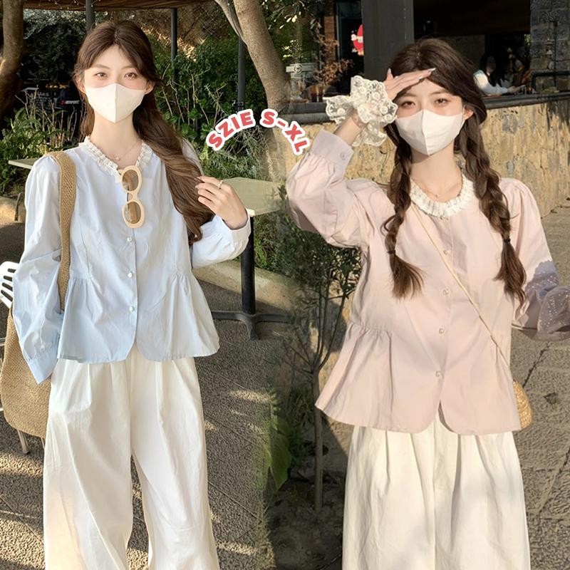 Mimi&didi#เสื้อเชิ้ตครอปทรงเบบี้ดอลล์ เสื้อเชิ้ตลายลูกไม้หลวมๆ สไตล์เกาหลี แขนยาว หวานและน่ารัก สำหรับผู้หญิง#W615
