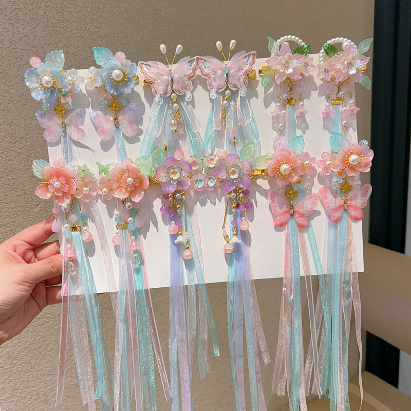 เครื่องประดับผม ฮันฟู สําหรับเด็กผู้หญิง, กิ๊บดอกไม้สไตล์โบราณสําหรับเด็กผู้หญิงสไตล์จีนขั้นตอนเขย่าพู่กิ๊บ, เครื่องประดับผมเจ้า