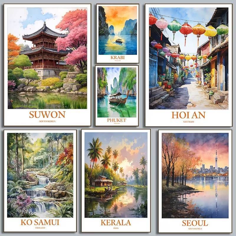 ประเทศไทย Koh Samui ภูเก็ต คราบิ ภาพวาดหมึกที่สวยงาม โปสเตอร์ภูมิทัศน์ ภาพวาดผ้าใบ City Traveling Wa