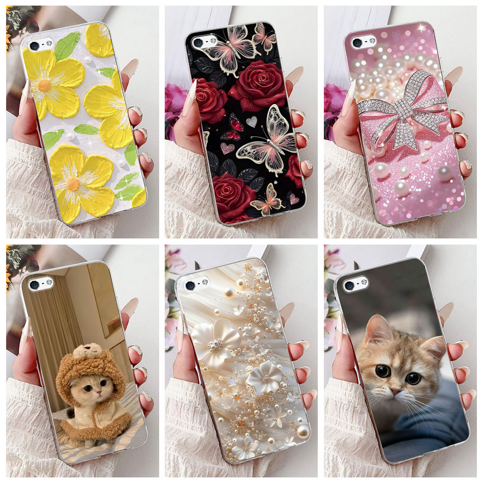 สําหรับ iPhone 5 5s SE (2016) 4 4s Elegant Floral Cat Painting Soft Silicone TPU เคสโทรศัพท์