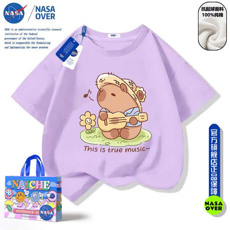 [100-160] NASA Co-Branded การ์ตูนกีตาร์ Capybara เสื้อผ้าเด็กเสื้อยืดแขนสั้นผู้ชายผู้หญิงฤดูร้อนเด็กกลางเด็กใหญ่น่ารักเสื้อผ้าด้านบน