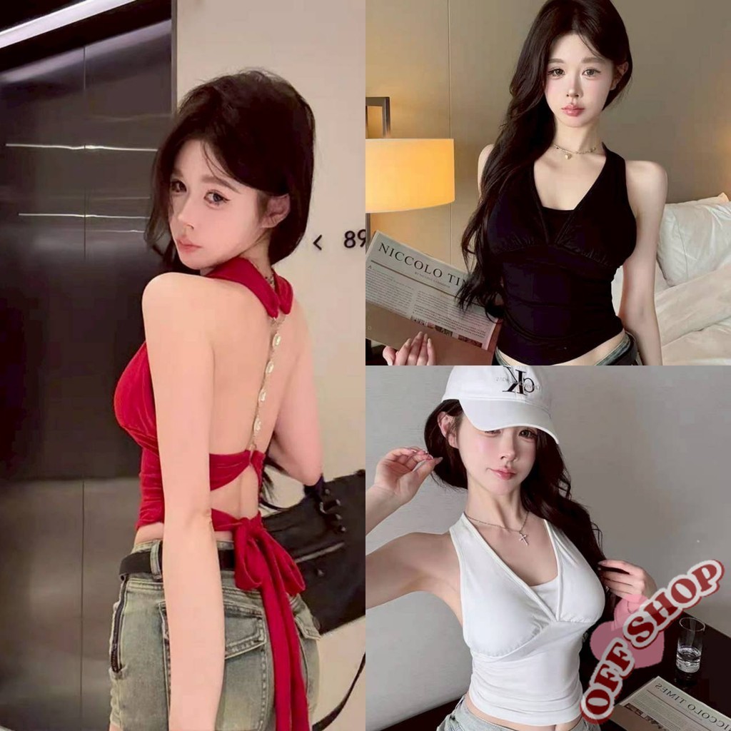 OFF SHOP 🥻ใหม่ 2025 เสื้อคล้องคอ มีฟองน้ำในตัว แฟชั่น ดีเทลเว้าหลังสีพื้น ' FY10112