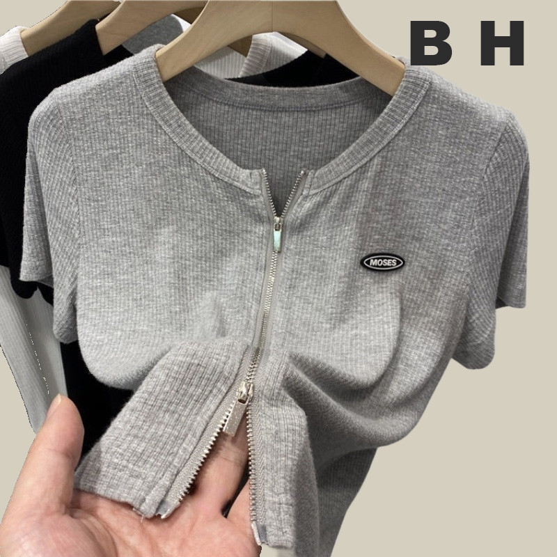 เสื้อยืดสตรีคอกลมแขนสั้นติดซิปคู่รัดรูป