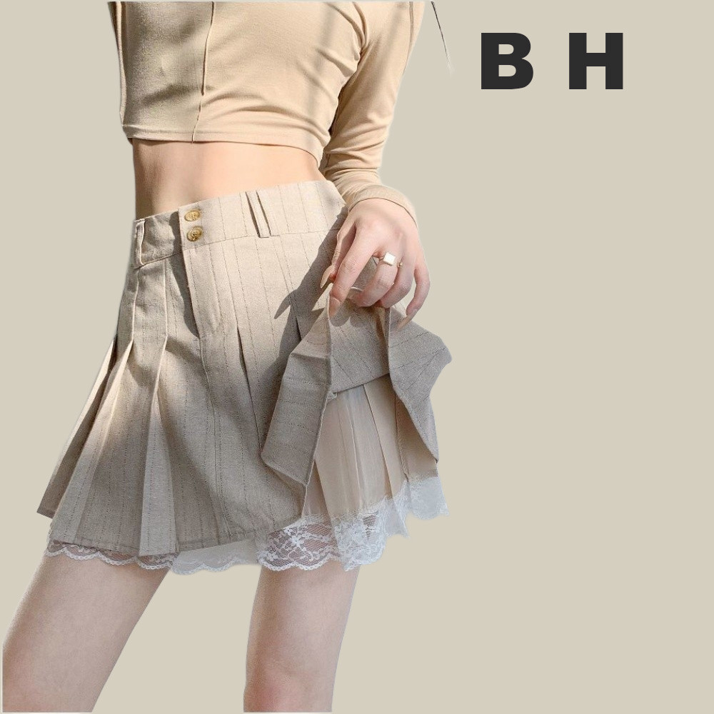 Bh กระโปรงพลีท เอวสูง ทรงเอ แต่งลูกไม้ แฟชั่นฤดูร้อน สําหรับผู้หญิง