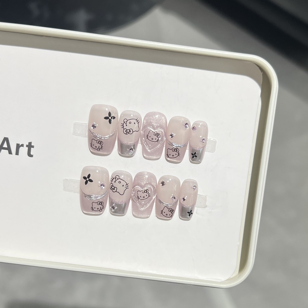 ชุดเครื่องมือ 5in1 + ทำมือ ติดเล็บสั้นสี่เหลี่ยมหวานน่ารัก KT สีม่วงตาแมว กระจกวิเศษ ฝรั่งเศสเพชร ติ