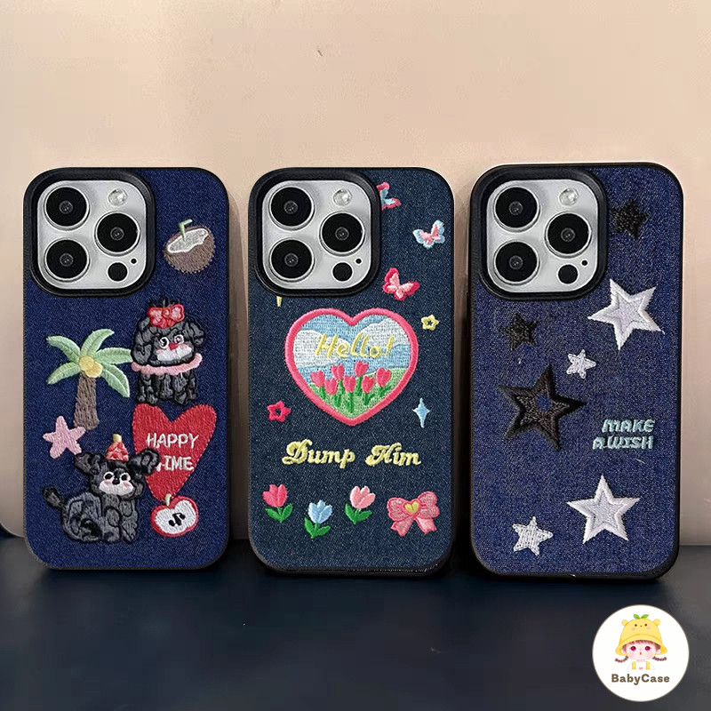 เคสไอโฟน 11 สำหรับ iPhone 15 13 16 11 14 12 Pro Max 8 7 14 16 15 Plus XR XS X Max สดหวานลูกสุนัขน่ารักรักดอกไม้ปกดาวปก