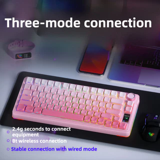AULA S75Pro บลูทูธแบบมีสายไร้สายสามโหมดดิจิตอลจอแสดงผลคีย์บอร์ด RGB Hot-swap สํานักงาน E-sports คีย์บอร์ดเกม Universal สีชมพู