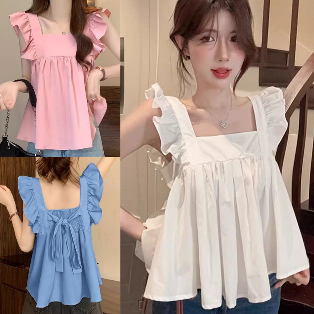 Kaekai พร้อมส่ง เสื้อแขนกุด คอเหลี่ยม มีไซส์ M-4XL ทรงแขนระบาย สม็อคหลังแต่งผูกโบว์ แฟชั่นสาวสไตล์เกาหลี