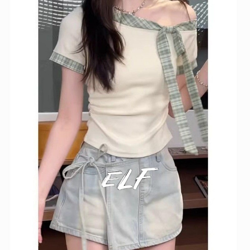 ELFwoo เสื้อยืดแขนสั้นเวอร์ชั่นเกาหลีในช่วงฤดูร้อนของผู้หญิง