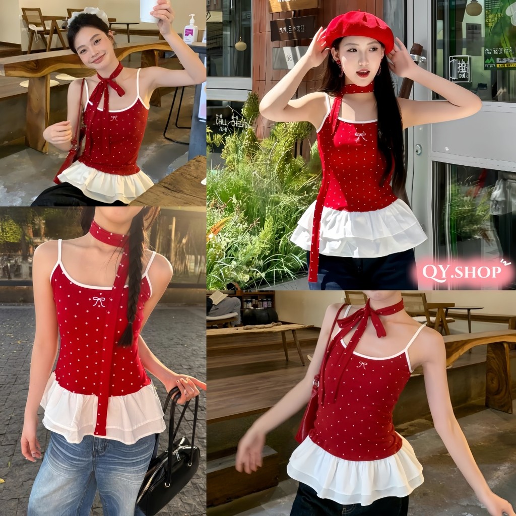 QY.Shop พร้อมส่ง เสื้อกั๊กลายจุดสีแดงของผู้หญิงปี 2025 สายเอี๊ยมฤดูร้อนใหม่ ชายกระโปรงจับจีบ ทรงเข้ารูป "Y9910-1"