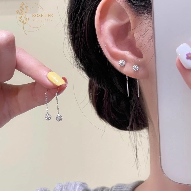 Roselife เกาหลี S925 เงินพู่ Shining คริสตัล Ball Drop ต่างหูสําหรับผู้หญิงสาวแฟชั่น Dangle เครื่องประดับ