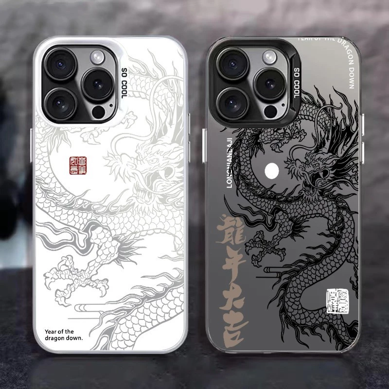 ส่งจากไทย สีดำหรูหราซิลิโคนแข็งกรณีโทรศัพท์ มังกรจีน for IPhone 13 15 14 12 11 Pro X XR XS 16