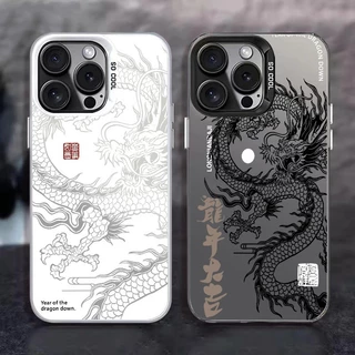 ส่งจากไทย สีดำหรูหราซิลิโคนแข็งกรณีโทรศัพท์ มังกรจีน for IPhone 13 15 14 12 11 Pro X XR XS 16